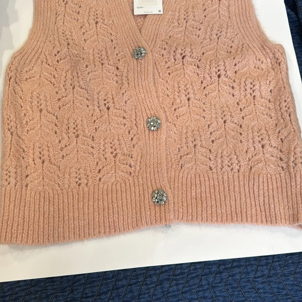 NWT Zara Crochet Knit Sweater Vest Size Small Pink/peach Jewel Buttons - Picture 3 of 9